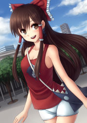 Rule 34 | 1girl, alternate costume, bag, bare arms, bare shoulders, blush, bow, breasts, brown eyes, brown hair, casual, cleavage, colorized, contemporary, earrings, hair bow, hair ornament, hair ribbon, hair tubes, hakurei reimu, highres, jewelry, long hair, looking at viewer, monorus, open mouth, ribbon, shark, short shorts, shorts, sleeveless, smile, solo, standing, sunimu, tank top, touhou, yin yang