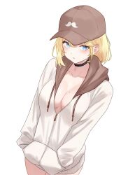Rule 34 | 1girl, absurdres, baseball cap, blonde hair, blue eyes, bluefield, blush, breasts, cleavage, collarbone, hands in pockets, hat, highres, hololive, hololive english, hood, hood down, hooded jacket, jacket, large breasts, long sleeves, looking at viewer, mole, mole on breast, open mouth, peaked cap, short hair, simple background, solo, upper body, virtual youtuber, watson amelia, white background, white jacket
