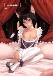 Rule 34 | 1boy, animal ears, ankle ribbon, bed, bottomless, bow, brown hair, cat boy, cat ears, cat tail, choker, collarbone, crossdressing, frills, full body, gloves, green eyes, green hair, highres, indoors, leg ribbon, legs together, lips, male focus, matching hair/eyes, nipples, original, pillow, po-ju, ribbon, short hair, sitting, solo, tail, thighhighs, trap, v-neck