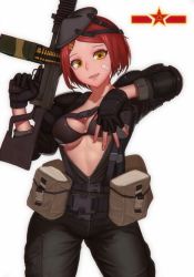 Rule 34 | 1girl, armor, asymmetric gloves, asymmetrical gloves, bad id, bad pixiv id, bandaid, bandaid on face, battlefield (series), battlefield 4, belt, belt pouch, black bra, black gloves, bodysuit, bra, breasts, buckle, bullet, bypos, center opening, china, cleavage, cowboy shot, eyelashes, fang, fang out, fingerless gloves, gloves, gun, hair ornament, hairclip, highres, holding, holding gun, holding weapon, legs apart, looking at viewer, machine gun, mask, mask on head, nail polish, original, parted bangs, parted lips, pink nails, pocket, pouch, red hair, red lips, rifle, short hair, shoulder pads, simple background, snap-fit buckle, solo, star (symbol), trigger discipline, underboob, underwear, uneven gloves, unzipped, weapon, white background, yellow eyes