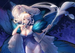 Rule 34 | 1girl, absurdres, ajio (pixiv7718798), bare shoulders, blue eyes, blue wings, breasts, butterfly wings, cleavage, dress, final fantasy, final fantasy xiv, floating hair, flower, hair between eyes, hair flower, hair ornament, highres, holding, holding staff, insect wings, jewelry, long hair, looking at viewer, medium breasts, necklace, pink flower, pointy ears, purple background, silver hair, solo, staff, strapless, strapless dress, tiara, titania (final fantasy), wings
