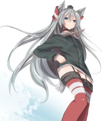Rule 34 | 10s, 1girl, amatsukaze (kancolle), blush, brown dress, brown eyes, choker, clothes lift, cowboy shot, dress, dress lift, from below, frown, garter straps, gloves, grey eyes, grey hair, hair between eyes, hair tubes, hand on own hip, kantai collection, long hair, long sleeves, looking at viewer, nao (qqqbb), red thighhighs, sailor dress, short dress, simple background, single glove, solo, splashing, striped clothes, striped thighhighs, thighhighs, two side up, very long hair, white background, white gloves