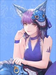 Rule 34 | 1girl, animal ears, bare arms, bare shoulders, blue background, blue nails, brown eyes, choker, collarbone, daeho cha, dress, fox ears, grin, hand up, highres, long hair, looking at viewer, mask, mask on head, nail polish, original, pink hair, purple choker, purple dress, signature, smile, solo, tattoo, teeth print