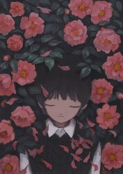 Rule 34 | 1girl, amamanoban, black hair, black vest, closed eyes, closed mouth, collared shirt, commentary request, expressionless, facing viewer, flower, highres, leaf, long sleeves, original, petals, pink flower, shirt, short hair, solo, too many flowers, upper body, vest, white shirt