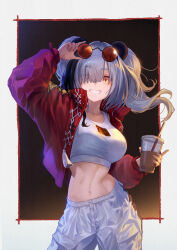 Rule 34 | 1girl, ;), absurdres, animal ears, arknights, arm up, black background, border, breasts, bubble tea, commentary request, contrapposto, cowboy shot, cup, disposable cup, eyewear on head, feater (arknights), feater (gourmet) (arknights), grey hair, grin, hair over one eye, highres, holding, holding cup, jacket, ligne claire, long hair, looking at viewer, medium breasts, midriff, navel, official alternate costume, one eye closed, open clothes, open jacket, outside border, panda ears, pants, red jacket, round eyewear, smile, solo, sports bra, standing, stomach, sunglasses, twintails, twisted torso, white pants, white sports bra, yasu (segawahiroyasu), yellow eyes