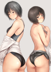 Rule 34 | 2girls, amagami, ass, back, black hair, black one-piece swimsuit, blush, breasts, brown eyes, brown hair, closed mouth, clothes pull, commentary request, competition swimsuit, covering privates, covering breasts, covering own eyes, from behind, grey background, half-closed eyes, highleg, highleg swimsuit, highres, looking at viewer, looking back, medium breasts, multiple girls, nanasaki ai, nose blush, off shoulder, one-piece swimsuit, one-piece swimsuit pull, serizawa (serizawaroom), shirt, short hair, simple background, standing, swimsuit, swimsuit under clothes, tachibana miya, white shirt