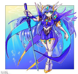 Rule 34 | adapted costume, blue eyes, blue hair, bodysuit, boots, breasts, covered erect nipples, crossed legs, elbow gloves, formal, gloves, highres, holding, holding sword, holding weapon, large breasts, long hair, looking at viewer, magic knight rayearth, oomasa teikoku, ryuuzaki umi, skin tight, solo, suit, sword, thick thighs, thigh boots, thighhighs, thighs, very long hair, weapon