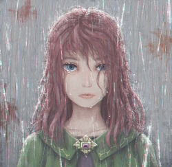 Rule 34 | 1girl, absurdres, artist request, blue eyes, crying, crying with eyes open, highres, looking at viewer, medium hair, rain, red hair, rpg maker, solo, tagme, tears, water drop