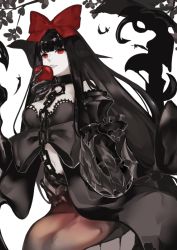 Rule 34 | 1girl, abyssal ship, apple, bad id, bad pixiv id, black dress, black feathers, black hair, bow, breasts, chain, claws, cleavage, colored skin, dress, feathers, food, fruit, hair bow, holding, kantai collection, large breasts, lips, long hair, long sleeves, navel, neko (ganecooo), pale skin, red bow, red eyes, seaplane tender princess, solo, very long hair, white skin