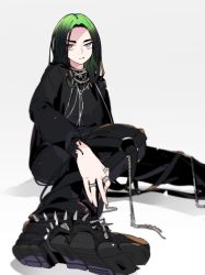 Rule 34 | 1girl, :/, billie eilish, black footwear, black hair, black pants, black shirt, boots, closed mouth, gradient hair, green hair, highres, idkuroi, jewelry, long hair, long sleeves, looking at viewer, multicolored hair, multiple rings, necklace, pants, real life, ring, shirt, simple background, sitting, solo, spikes, white background