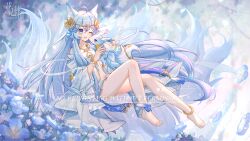 Rule 34 | 1girl, 1other, ahoge, animal, animal ears, anklet, bare shoulders, barefoot, blue eyes, blue hair, blue nails, chinese commentary, commentary request, day, field, flower, flower field, fox ears, hanamidonan, highres, jewelry, multiple tails, nail polish, original, shiny skin, signature, solo focus, tail, tassel, toenail polish, toenails, toes, watermark