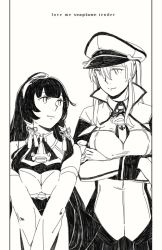 Rule 34 | 2girls, anchor, blunt bangs, breasts, capelet, cleavage, closed mouth, collared shirt, commentary, cowboy shot, cross, crossed arms, english text, eye contact, graf zeppelin (kancolle), greyscale, hair between eyes, hair ornament, hair over shoulder, hair ribbon, hair tubes, hat, iron cross, japanese clothes, kantai collection, long hair, long sleeves, looking at another, military, military uniform, mizuho (kancolle), monochrome, multiple girls, necktie, peaked cap, pleated skirt, ribbon, shirt, sidelocks, skirt, twintails, uniform, weidashming, wide sleeves