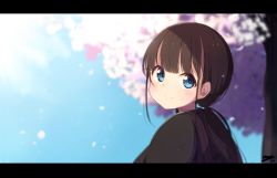 Rule 34 | 1girl, backpack, bag, black shirt, blue eyes, blue sky, blurry, blurry background, blush, brown hair, cherry blossoms, closed mouth, commentary request, copyright request, dated, day, depth of field, flower, highres, letterboxed, long hair, looking at viewer, looking to the side, low ponytail, okota mikan, outdoors, petals, pink flower, ponytail, shirt, sidelocks, signature, sky, smile, solo, tree, upper body