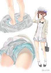 Rule 34 | 10s, 1girl, 2016, alternate costume, ama mitsuki, ass, bag, bare legs, barefoot, beret, black footwear, blue panties, blunt bangs, blush, bow, buttons, closed mouth, collarbone, commentary, crossed arms, dated, floral print, from behind, from below, full body, handbag, hat, hat bow, hat ornament, holding, holding bag, jacket, kantai collection, long sleeves, looking to the side, lower body, multiple views, open clothes, open jacket, panties, polka dot, polka dot panties, shirt, shoes, short hair, shorts, shorts under shorts, sidelocks, simple background, sleeves past elbows, sleeves pushed up, sleeves rolled up, smile, socks, standing, striped, striped bow, unbuttoned, underwear, unworn shorts, upshorts, white background, white hat, white legwear, white shirt, z3 max schultz (kancolle)