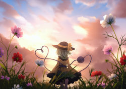 Rule 34 | 1girl, black hat, cloud, cloudy sky, dise (psychoro), facing away, flower, frilled shirt collar, frilled skirt, frilled sleeves, frills, from behind, grass, green hair, green skirt, hat, hat ribbon, heart, heart of string, highres, komeiji koishi, long sleeves, looking away, ribbon, shirt, short hair, skirt, sky, solo, string, thighs, third eye, touhou, wide sleeves, yellow ribbon, yellow shirt