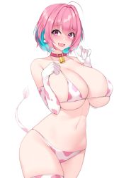 Rule 34 | 1girl, ahoge, animal print, bare shoulders, bell, bikini, blue hair, blush, breast hold, breasts, collar, collarbone, commentary request, cow print, cow print bikini, cow tail, cowbell, cowboy shot, earrings, elbow gloves, eyelashes, fang, gloves, hair between eyes, hair intakes, hands up, heavy breathing, highres, huge breasts, idolmaster, idolmaster cinderella girls, jewelry, kuavera, looking at viewer, micro bikini, multicolored hair, navel, open mouth, pill earrings, pink eyes, pink hair, print bikini, raised eyebrows, short hair, simple background, single thighhigh, skindentation, solo, string bikini, swimsuit, tail, tareme, thick thighs, thighhighs, thighs, two-tone hair, underboob, white background, yumemi riamu