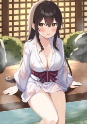 Rule 34 | 1girl, absurdres, arm support, breasts, brown hair, cleavage, highres, japanese clothes, kimono, large breasts, leaf print, long hair, long sleeves, looking at viewer, okiq, onsen, original, parted lips, red sash, sash, sitting, smile, thighs, water, wet, white kimono, wooden floor, yukata