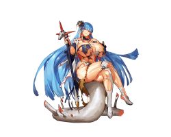 Rule 34 | 1girl, blue hair, blunt bangs, boots, breasts, crossed legs, detached collar, feet, female focus, floating hair, full body, game cg, hair ornament, hand on own chest, hands up, head tilt, holding, holding staff, huge breasts, legs, long hair, looking at viewer, melon22, original, red eyes, sitting, sitting on own tail, skirt, solo, staff, tail, thigh boots, thighhighs, thighs, torn clothes, torn skirt, transparent background, very long hair
