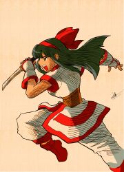 Rule 34 | 1girl, ainu clothes, angry, black hair, breasts, brown eyes, feet, fingerless gloves, gloves, hair ribbon, highres, incoming attack, leg lift, leg up, legs, long hair, marvel vs. capcom, marvel vs. capcom 2, medium breasts, nakoruru, official style, open mouth, pants, ribbon, samurai spirits, shinzankuro, shoes, sideboob, snk, solo, the king of fighters, thighs, traditional media, weapon