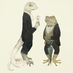 Rule 34 | alcohol, animal, animal focus, black jacket, black pants, bow, bowtie, claws, clothed animal, ascot, cup, drinking glass, frog, green vest, holding, holding cup, holding umbrella, jacket, lizard, no humans, original, pants, shirt, simple background, slit pupils, standing, tail, tono (rt0no), umbrella, vest, white neckwear, white shirt, wine, wine glass