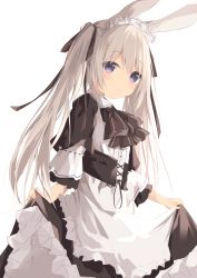 Rule 34 | 1girl, animal ears, apron, black bow, black dress, blush, bow, closed mouth, commentary request, dress, frilled apron, frilled dress, frills, hair between eyes, highres, kushida you, long hair, maid, maid headdress, original, puffy short sleeves, puffy sleeves, purple eyes, rabbit ears, short sleeves, simple background, smile, solo, twintails, very long hair, waist apron, white apron, white background