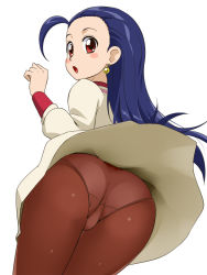 Rule 34 | 00s, 1girl, ass, blue hair, blush, brown eyes, earrings, from below, hair slicked back, jewelry, long hair, looking back, looking down, open mouth, panties, panties under pantyhose, pantyhose, pantyshot, puchi puri yucie, simple background, skirt, solo, standing, underwear, upskirt, white panties, wind, wind lift, youkan, yucie