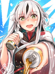 Rule 34 | 1girl, absurdres, alcohol, bad id, bad pixiv id, beer, beer can, can, drink can, fate/grand order, fate (series), fingernails, fueto hiroki, highres, long hair, multicolored hair, nagao kagetora (fate), signature, solo, spilling, two-tone hair, white hair, wide sleeves