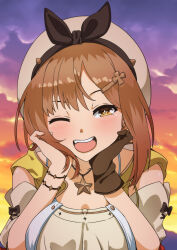 Rule 34 | 1girl, atelier (series), atelier ryza, atelier ryza 1, beret, blush, bracelet, breasts, brown eyes, brown hair, detached sleeves, fang, gloves, hair ornament, hairclip, hands on own cheeks, hands on own face, hat, highres, jewelry, large breasts, looking at viewer, necklace, one eye closed, open mouth, outdoors, reisalin stout, short hair, short sleeves, single glove, sky, smile, solo, sunset, upper body, vest, yotsuba ichinose