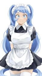 Rule 34 | 1girl, absurdres, alternate costume, alternate hairstyle, apron, arms behind back, black dress, blue eyes, blue hair, boku no hero academia, bright pupils, closed mouth, dress, enmaided, fengling (furin-jp), hadou nejire, highres, long hair, looking at viewer, maid, maid headdress, puffy short sleeves, puffy sleeves, short sleeves, simple background, smile, solo, straight-on, thighhighs, twintails, very long hair, white apron, white background, white pupils