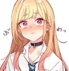 Rule 34 | 1girl, :3, black choker, blonde hair, blue necktie, blush, choker, closed mouth, collared shirt, commentary, dress shirt, ear blush, ear piercing, earrings, eyelashes, furrowed brow, gradient hair, highres, jewelry, kitagawa marin, long hair, looking at viewer, multicolored hair, necktie, nitumaruta, piercing, pink hair, portrait, red eyes, shirt, simple background, solo, sono bisque doll wa koi wo suru, sweat, sweatdrop, nervous sweating, two-tone hair, white background, white shirt, wing collar