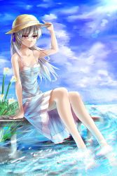 Rule 34 | 1girl, absurdres, arm support, barefoot, blue dress, blue ribbon, breasts, cleavage, cloud, collarbone, day, deluxe&lt;&lt;&lt;, dress, hair ribbon, hat, highres, holding, holding hat, long hair, medium breasts, original, outdoors, purple eyes, ribbon, silver hair, sky, solo, straw hat, sundress, water