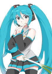 Rule 34 | 1girl, bare shoulders, black skirt, black thighhighs, blue eyes, blue hair, blue necktie, closed mouth, collared shirt, commentary, cowboy shot, detached sleeves, dress shirt, finger to cheek, food, frilled shirt collar, frills, grey shirt, hair between eyes, hatsune miku, headset, highres, holding, holding food, holding vegetable, light blush, long hair, looking at viewer, necktie, pleated skirt, shirt, skirt, sleeveless, sleeveless shirt, solo, spring onion, thighhighs, tie clip, twintails, vegetable, very long hair, vla sta, vocaloid, white background, zettai ryouiki