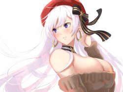 Rule 34 | 1girl, aran sweater, azur lane, bare shoulders, belfast (azur lane), belfast (shopping with the head maid) (azur lane), beret, blue eyes, breasts, brown sweater, cable knit, choker, cleavage, earrings, hat, highres, hoop earrings, jewelry, large breasts, looking to the side, marumai, off-shoulder sweater, off shoulder, red hat, sweater, white background, white hair