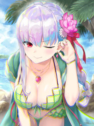 Rule 34 | 1girl, armlet, bare shoulders, bikini, blush, bracelet, braid, braided ponytail, breasts, cleavage, collarbone, commentary, earrings, fate/grand order, fate (series), flower, frills, green bikini, green vest, hair flower, hair ornament, hair ribbon, highres, hood, hooded vest, hoodie, jewelry, kama (fate), kama (swimsuit avenger) (fate), kama (swimsuit avenger) (second ascension) (fate), large breasts, long hair, looking at viewer, lotus, nail polish, navel, necklace, pendant, red eyes, ribbon, silver hair, solo, swimsuit, thighs, tyone, vest