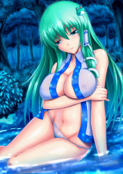 Rule 34 | 1girl, aqua eyes, arm support, bare shoulders, breast hold, breasts, cleavage, covered erect nipples, female focus, female pubic hair, forest, frog, green hair, hair ornament, highres, kochiya sanae, large breasts, long hair, nature, navel, night, no bra, no pants, open clothes, open shirt, panties, pubic hair, see-through, shirt, sleeveless, snake, snappop, solo, thighs, touhou, underwear, very long hair, water, white panties