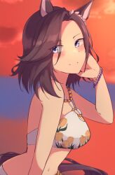Rule 34 | 1girl, air groove (seaside bloom) (umamusume), air groove (umamusume), animal ears, bare shoulders, bikini, blush, bracelet, brown hair, flower, from side, hair flower, hair ornament, highres, horse ears, horse tail, jewelry, looking at viewer, mountain yasan, official alternate costume, short hair, smile, solo, sunset, swimsuit, tail, umamusume, upper body