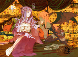Rule 34 | 2girls, adapted costume, bat wings, book, cosmic (crownclowncosmic), crescent, closed eyes, fox mask, hair ornament, hand on another&#039;s face, head wings, highres, koakuma, long hair, map, mask, multiple girls, open mouth, patchouli knowledge, purple eyes, purple hair, red hair, tabi, touhou, white legwear, wings
