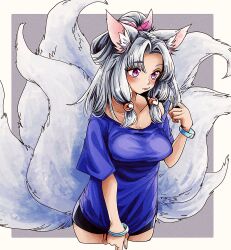 Rule 34 | 1girl, :3, alternate costume, animal ear fluff, animal ears, black shorts, blush, border, bow, bracelet, breasts, collarbone, commentary request, curtained hair, fox ears, fox girl, grey background, grey hair, hair bow, twirling hair, half updo, highres, jewelry, kitsune, large breasts, long hair, looking ahead, multiple tails, natsu tuna, off-shoulder shirt, off shoulder, outside border, pink bow, pink eyes, purple shirt, shirt, short shorts, short sleeves, shorts, sidelocks, simple background, slit pupils, solo, tail, touhoku itako, voiceroid, white border