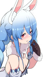 Rule 34 | 1girl, animal ear fluff, animal ears, bare shoulders, black gloves, blue hair, blush, braid, breasts, cleavage, commentary request, detached sleeves, don-chan (usada pekora), dress, fur-trimmed gloves, fur trim, gloves, hair between eyes, hand up, highres, hololive, long hair, medium breasts, multicolored hair, noa (nagareboshi), parted lips, puffy short sleeves, puffy sleeves, rabbit ears, rabbit girl, rabbit tail, red eyes, short eyebrows, short sleeves, simple background, solo, strapless, strapless dress, tail, thick eyebrows, twin braids, twintails, two-tone hair, upper body, usada pekora, usada pekora (1st costume), very long hair, virtual youtuber, white background, white dress, white sleeves
