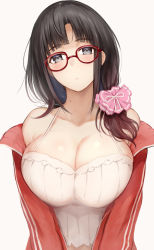 Rule 34 | 1girl, bare shoulders, black hair, blunt bangs, breasts, cleavage, closed mouth, collarbone, glasses, grey eyes, hair ornament, hair over shoulder, highres, jacket, large breasts, long hair, looking at viewer, mole, mole on neck, nijisanji, off shoulder, open clothes, open jacket, red-framed eyewear, red jacket, serizawa (serizawaroom), shirt, simple background, solo, suzuka utako, track jacket, upper body, virtual youtuber, white background, white shirt