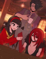 1girl 2boys amagi_yukiko black_eyes black_hair carmine_(under_night_in-birth) colored_sclera cup fur_collar gordeau_(under_night_in-birth) hair_over_one_eye hairband handkerchief hayase long_hair multiple_boys official_alternate_costume open_mouth persona persona_4 purple_eyes red_eyes red_hair red_sclera school_uniform short_hair spiked_hair under_night_in-birth vest yasogami_school_uniform