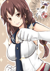 Rule 34 | 10s, 2girls, :o, braid, breasts, brown eyes, brown hair, cleavage, clenched hand, clenched hands, closed eyes, fuuma nagi, gloves, highres, kantai collection, large breasts, long hair, multiple girls, myoukou (kancolle), myoukou pose, noshiro (kancolle), pantyhose, personification, school uniform, short hair, single braid, skirt, smile, sparkle, torn clothes, translation request, white gloves, white legwear