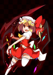 Rule 34 | &gt;:d, 1girl, :d, absurdres, blonde hair, bow, crystal, earlgrey, female focus, flandre scarlet, hat, hat bow, highres, laevatein, navel, no nose, open mouth, puffy sleeves, red eyes, short hair, short sleeves, side ponytail, smile, solo, thighhighs, touhou, v-shaped eyebrows, weapon, white thighhighs, wings, zettai ryouiki