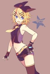 Rule 34 | 1girl, akiyoshi (tama-pete), bare arms, belt, black star (module), black thighhighs, blonde hair, blouse, cowboy shot, fingerless gloves, gloves, hair ribbon, hand on own hip, kagamine rin, looking away, microphone, necktie, open mouth, ribbon, shirt, short hair, shorts, simple background, sleeveless, sleeveless shirt, smile, solo, solo focus, star (symbol), tank top, thighhighs, vocaloid