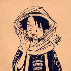 Rule 34 | 1boy, cosplay, curly eyebrows, hat, highres, looking at viewer, male focus, monkey d. luffy, monochrome, one piece, sanji (one piece), sanji (one piece) (cosplay), sherumaru (korcht06), short hair, signature, simple background, straw hat, upper body, veil