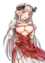 Rule 34 | 10s, 1girl, alicia (granblue fantasy), blush, breasts, draph, dress, earrings, female focus, ganari ryuu, gloves, gradient background, granblue fantasy, highres, horns, jewelry, large breasts, long hair, nipples, open mouth, pointy ears, red eyes, silver hair, simple background, solo, white background, white gloves