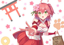 Rule 34 | 1girl, ahoge, armband, bag, bare shoulders, belt, belt buckle, blush, breasts, brooch, buckle, cherry blossom print, cherry blossoms, cleavage, cleavage cutout, clothing cutout, detached sleeves, floral print, flower, gohei (aoi yuugure), green eyes, hair between eyes, hair flower, hair ornament, highres, holding, holding bag, hololive, jewelry, looking at viewer, medium breasts, medium hair, miniskirt, nail polish, nontraditional miko, one side up, open mouth, paper bag, paw print, pink hair, pink skirt, sakura miko, sakura miko (old design), skirt, teeth, torii, upper teeth only, v, virtual youtuber