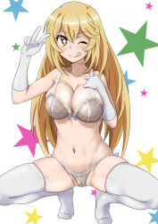 Rule 34 | + +, 1girl, ;q, blonde hair, bow, bow bra, bra, breasts, cleavage, commentary, female focus, frilled bra, frilled panties, frills, gloves, grey bra, grey panties, large breasts, lingerie, long hair, looking at viewer, minpei ichigo, multicolored stars, navel, one eye closed, panties, cameltoe, shokuhou misaki, skindentation, solo, squatting, star (symbol), starry background, symbol-shaped pupils, thighhighs, toaru kagaku no railgun, toaru majutsu no index, tongue, tongue out, underwear, underwear only, w, white background, white gloves, white thighhighs, yellow eyes