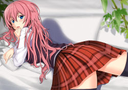 Rule 34 | 1girl, alternate costume, alternate hairstyle, bad id, bad pixiv id, blue eyes, derivative work, highres, leo thasario, long hair, looking at viewer, looking back, lying, megurine luka, on stomach, pink hair, plaid, plaid skirt, skirt, solo, thighhighs, vocaloid, zettai ryouiki