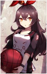 Rule 34 | 1girl, :o, alternate costume, amber (genshin impact), ball, basketball, basketball (object), black hair, black sleeves, border, casual, character name, collarbone, commentary request, contemporary, genshin impact, hair ribbon, highres, long hair, looking at viewer, off shoulder, orange eyes, parted lips, print shirt, raglan sleeves, red ribbon, reizouko, ribbon, shirt, single bare shoulder, sleeves past elbows, solo, sweatband, upper body, very long hair, white border, white shirt
